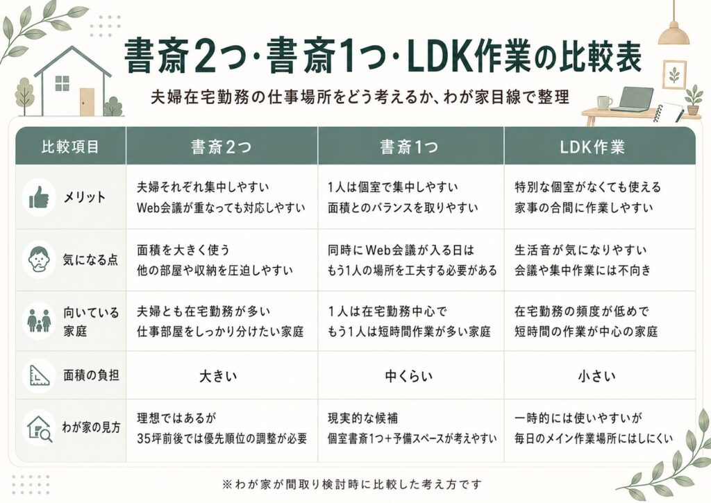書斎2つ・書斎1つ・LDK作業の比較表