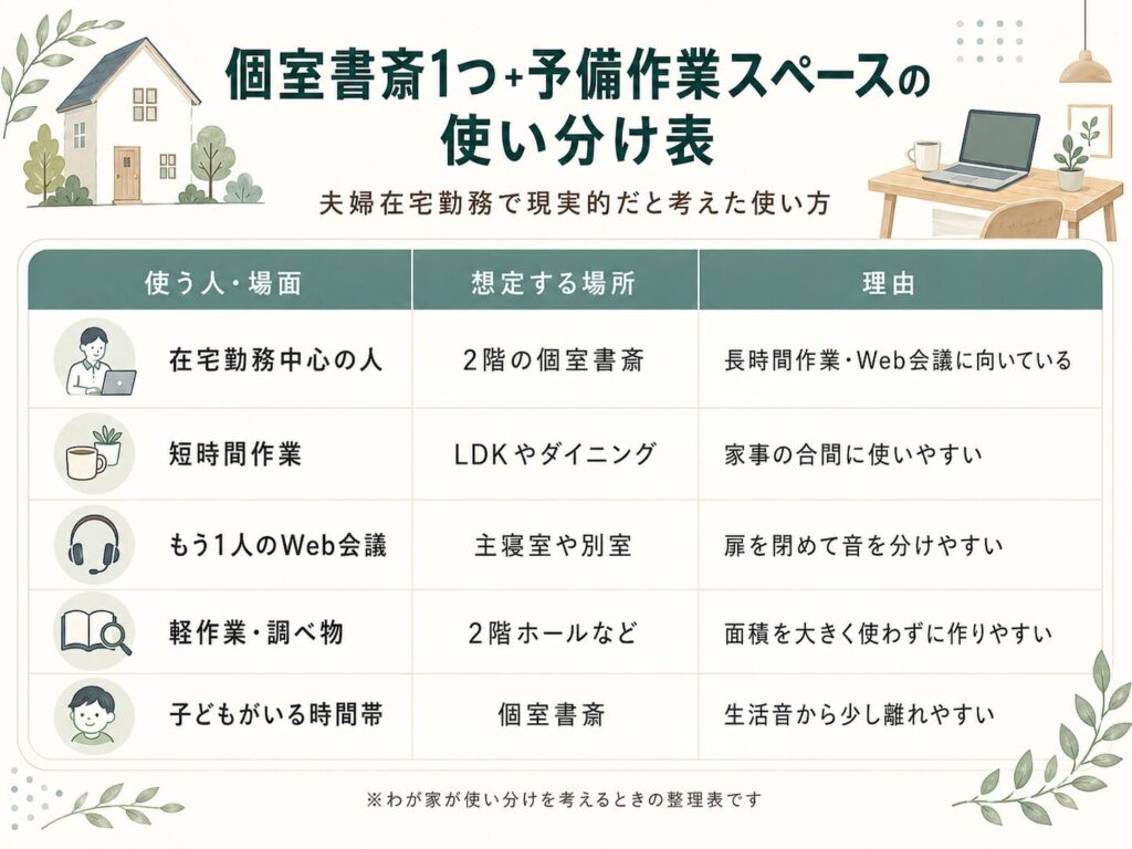 個室書斎1つ+予備作業スペースの使い分け表