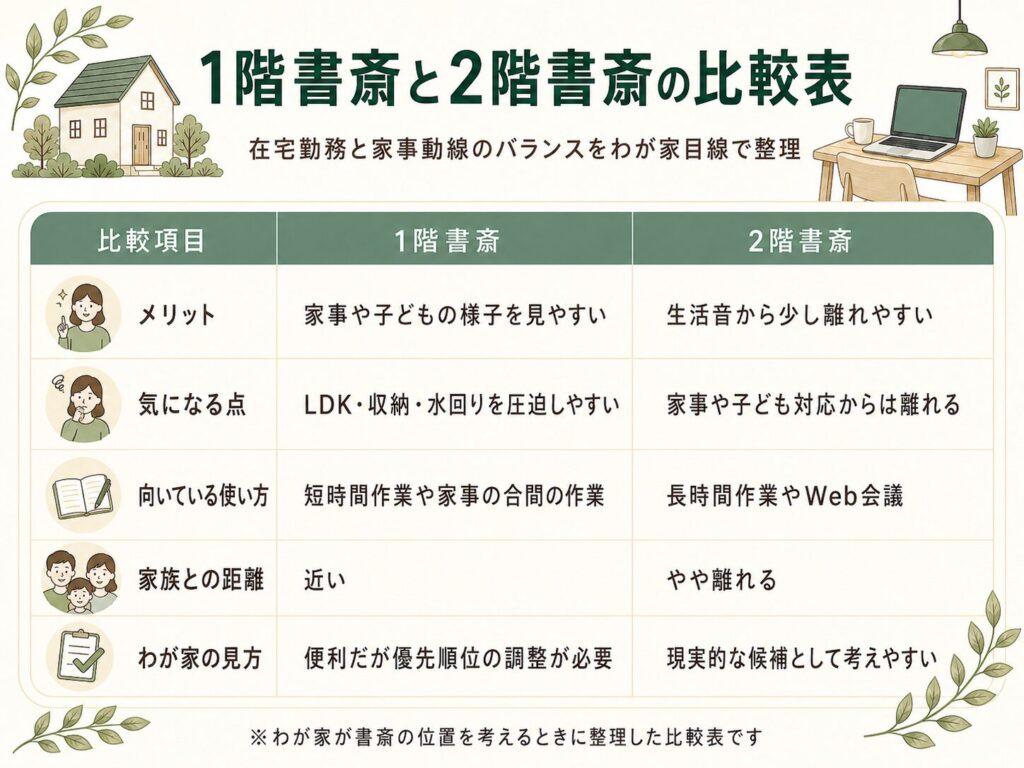 1階書斎と2階書斎の比較表