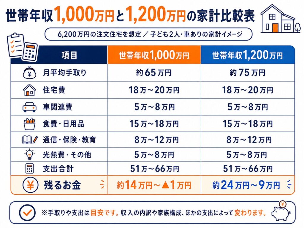 世帯年収1,000万円と1,200万円の家計比較表