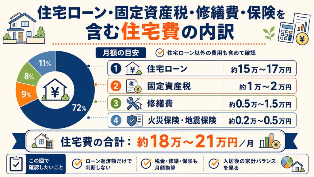 住宅ローン・固定資産税・修繕費・保険を含む住宅費の内訳