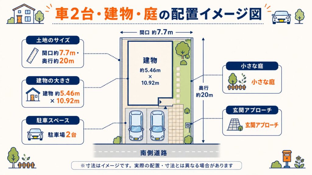 車2台・建物・庭の配置イメージ図