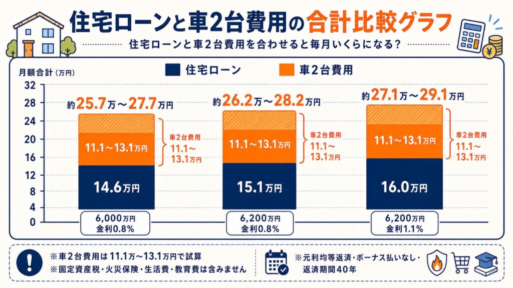 住宅ローンと車2台費用の合計比較グラフ