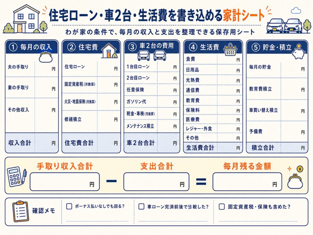 住宅ローン・車2台・生活費を書き込める家計シート