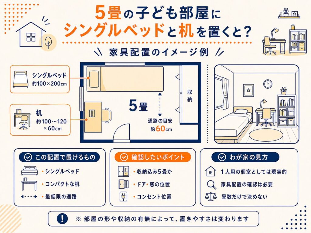 5畳の子ども部屋にシングルベッドと机を置いた家具配置イメージ