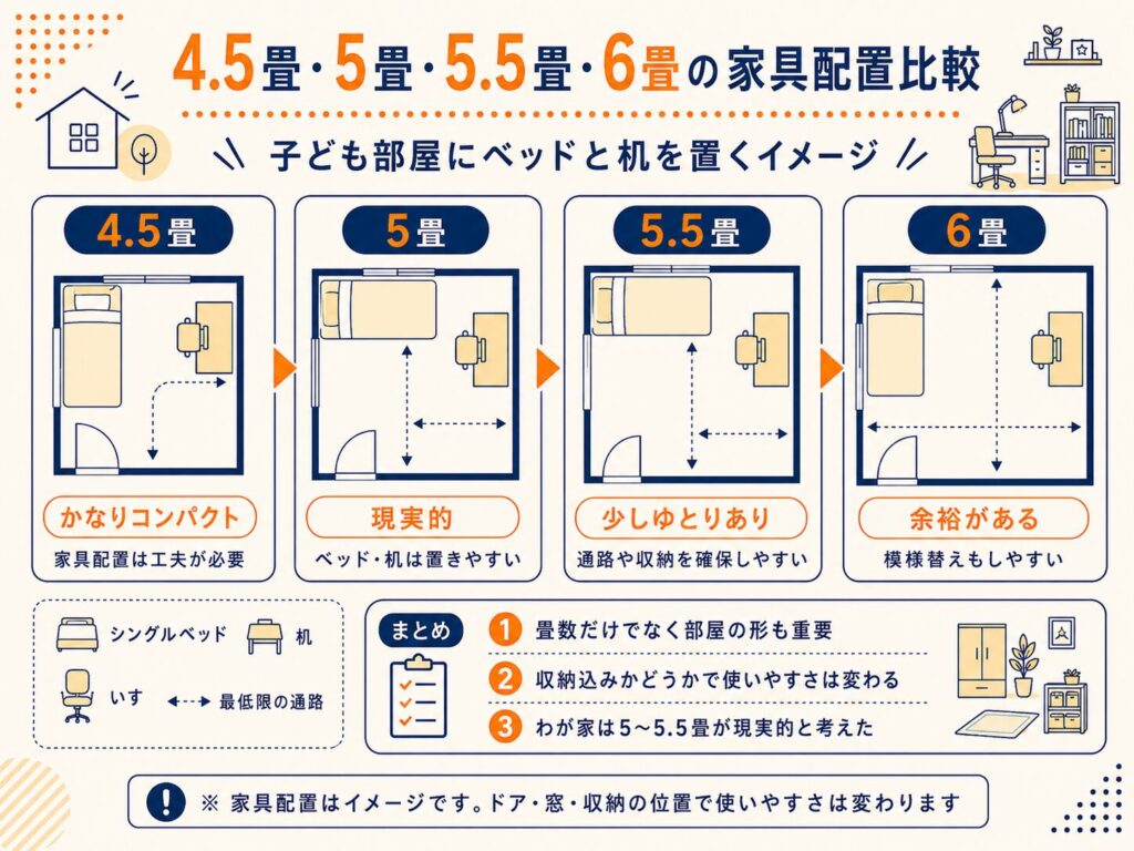 4.5畳・5畳・5.5畳・6畳の家具配置比較