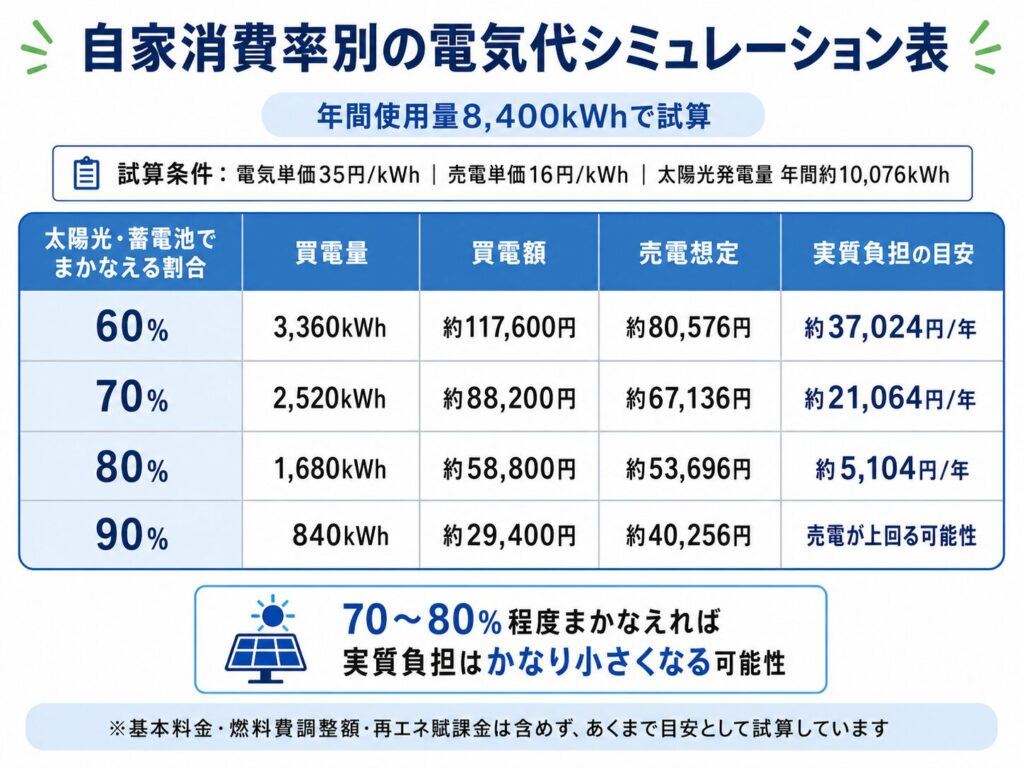 自家消費率別の電気代シミュレーション表