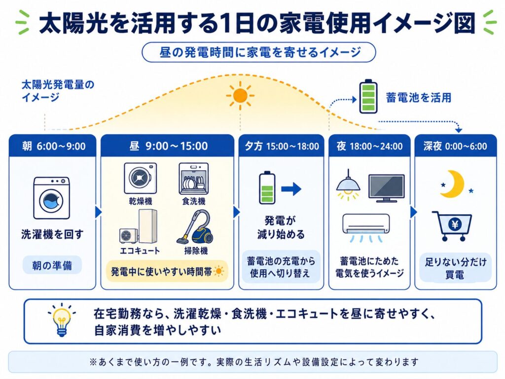 太陽光を活用する1日の家電使用イメージ図
