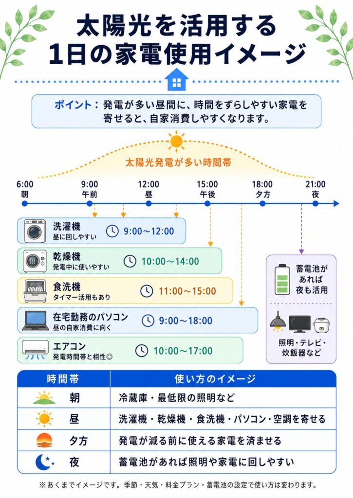 太陽光を活用する1日の家電使用イメージ