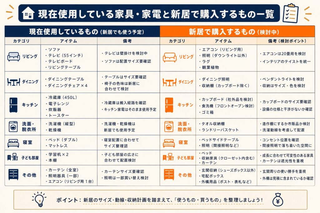 現在使用している家具・家電と新居で購入するものをまとめた一覧表