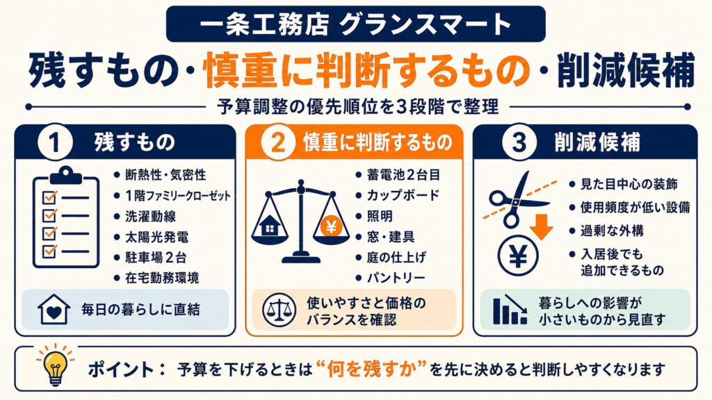 残すもの・慎重に判断するもの・削減候補を3段階でまとめた図