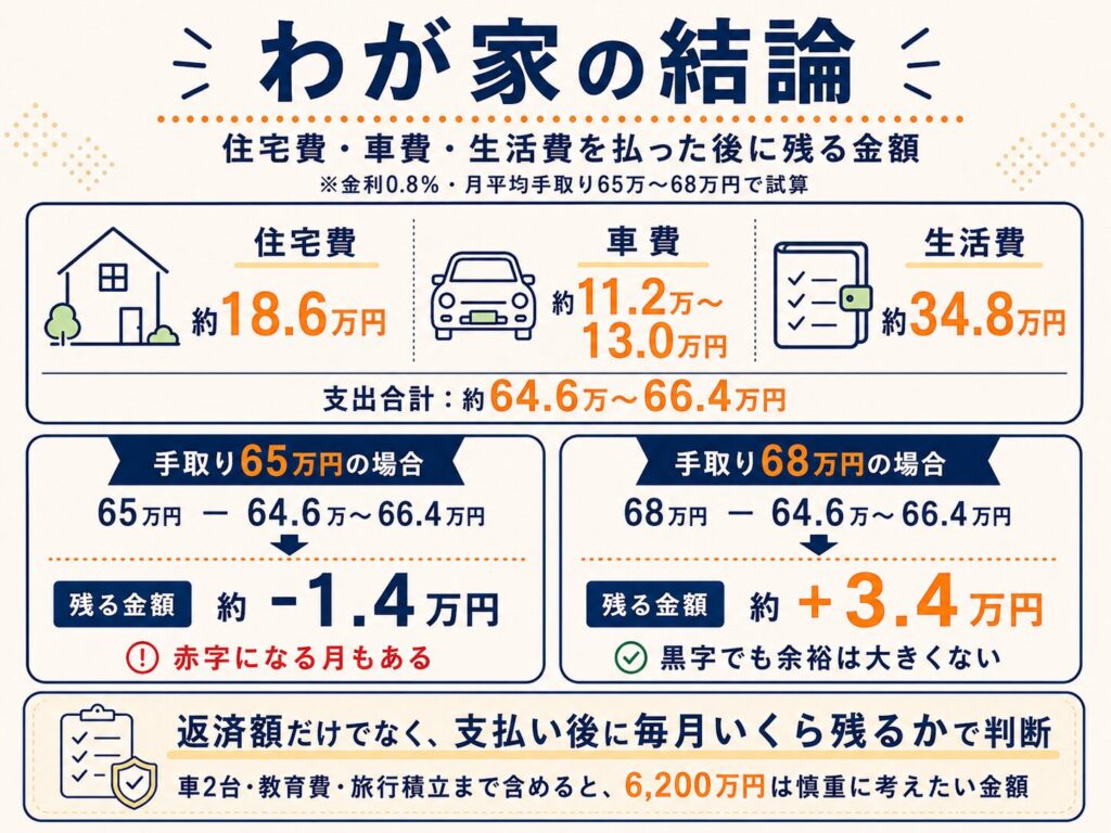 住宅費・車費・生活費を支払った後に残る金額を示した結論図