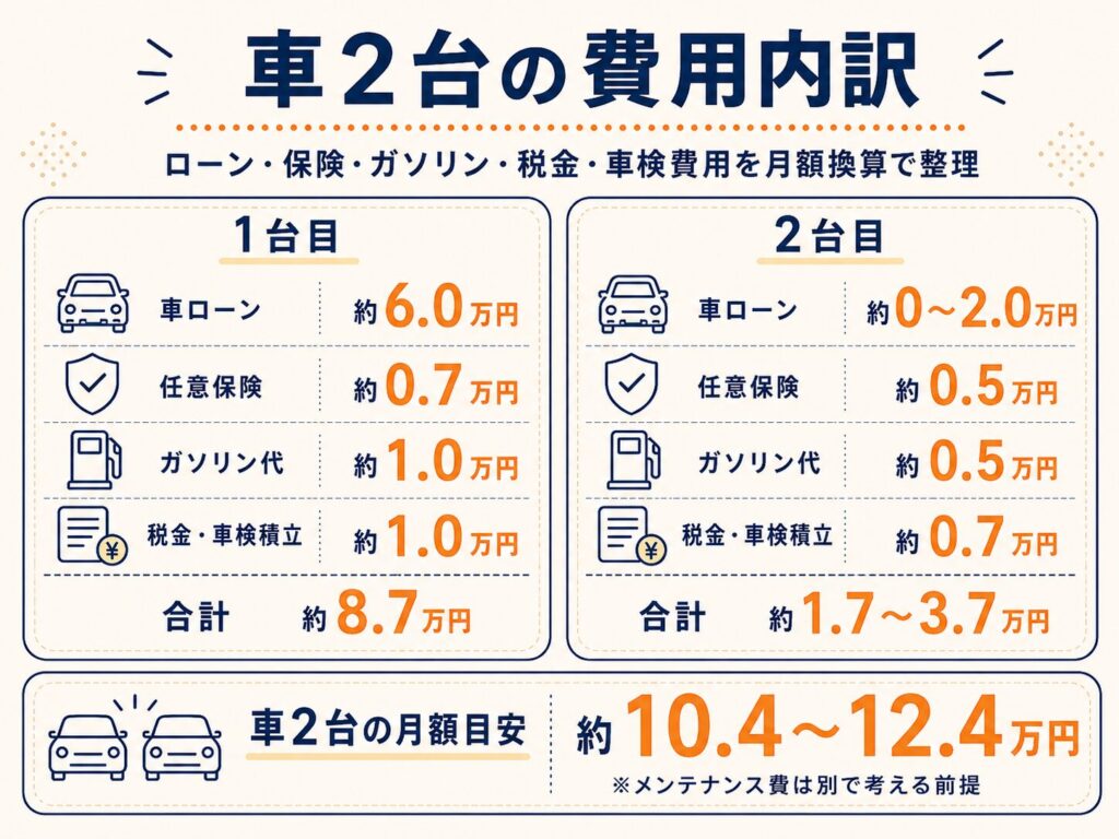 車2台のローン・保険・ガソリン・税金・車検費用をまとめた内訳図