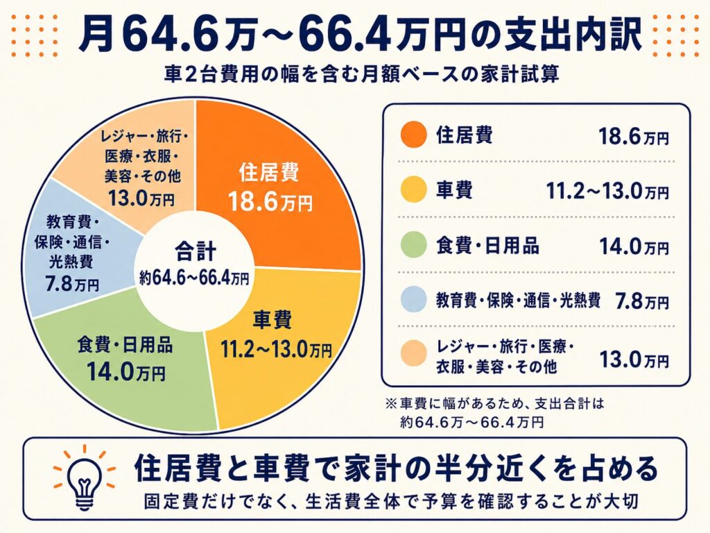 月64.6万～66.4万円の支出内訳を示した円グラフ