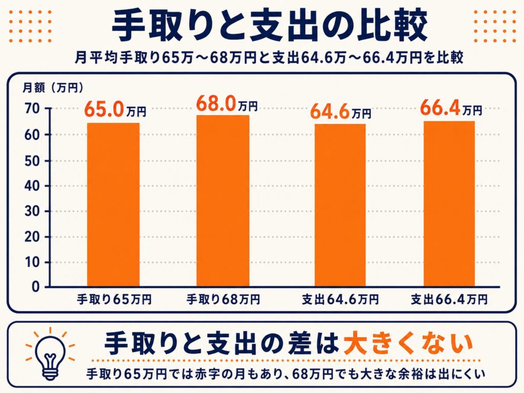 手取り65万～68万円と支出64.6万～66.4万円を比較した棒グラフ