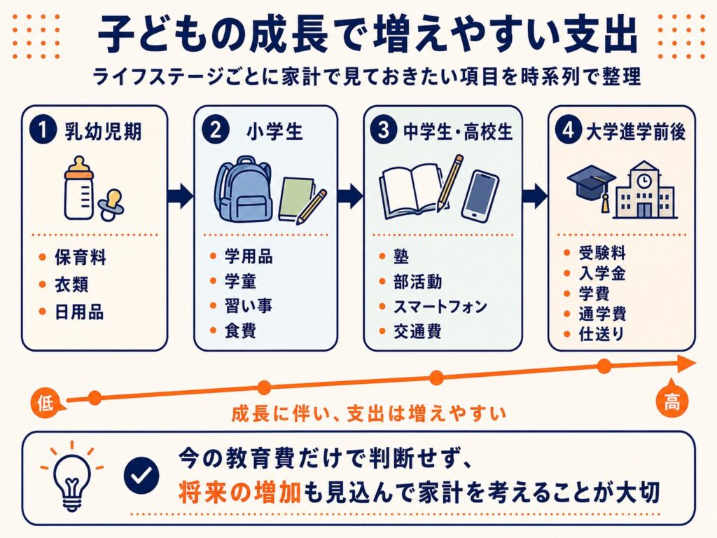 子どもの成長に伴って増えやすい支出を時系列でまとめた図