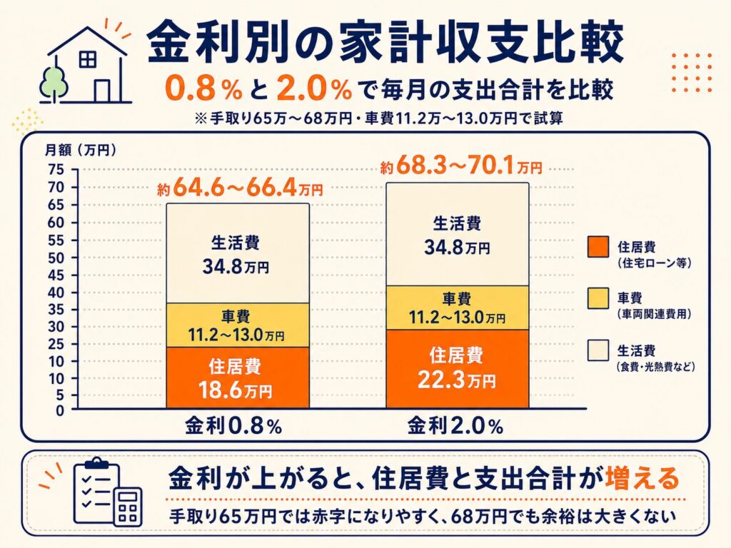 金利0.8％と2.0％の家計収支を比較した積み上げ棒グラフ
