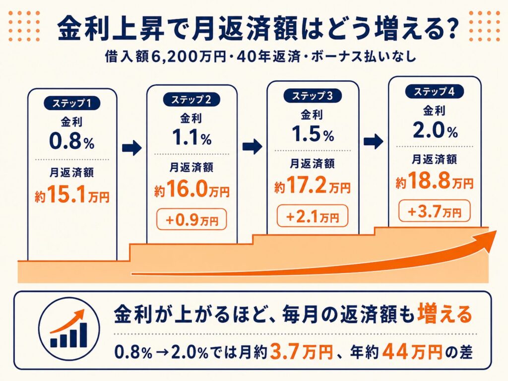 金利上昇によって月返済額が15.1万円から18.8万円になる流れを示した図