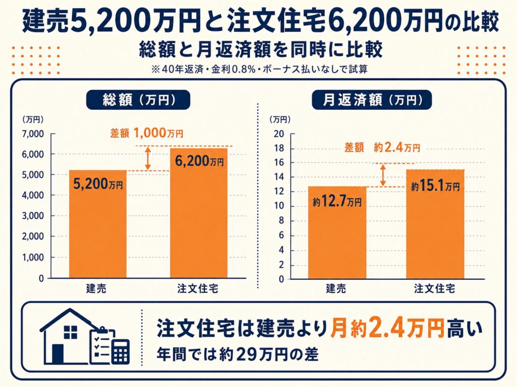 建売5,200万円と注文住宅6,200万円の総額・月返済額を比較した棒グラフ