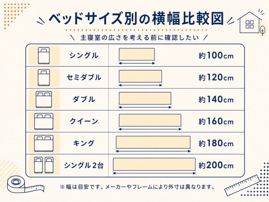ベッドサイズ別の横幅比較図