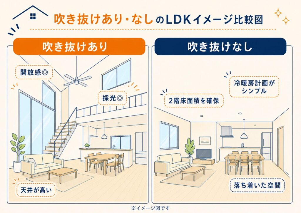吹き抜けあり・なしのLDKイメージ比較図