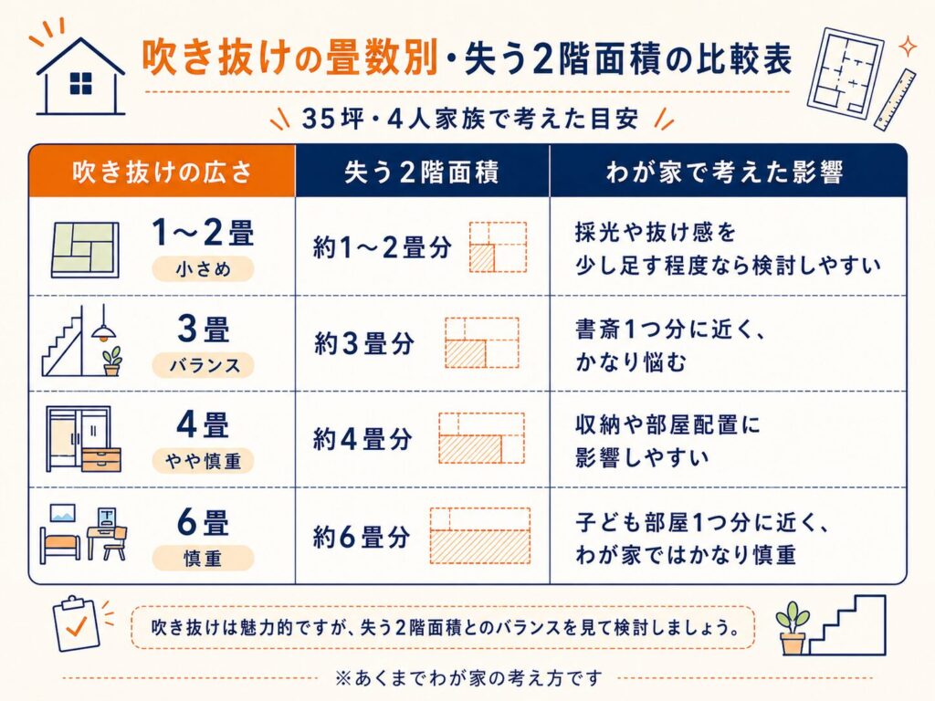 吹き抜けの畳数別・失う2階面積の比較表