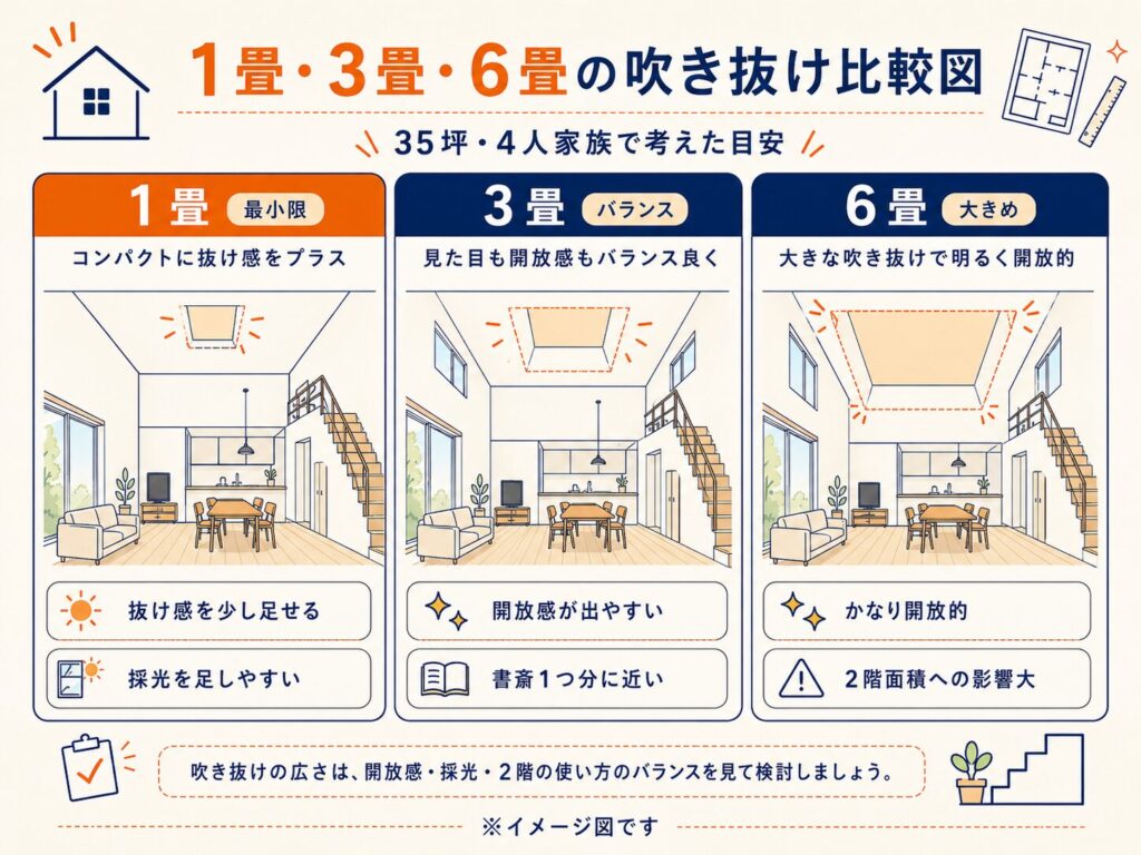 1畳・3畳・6畳の吹き抜け比較図