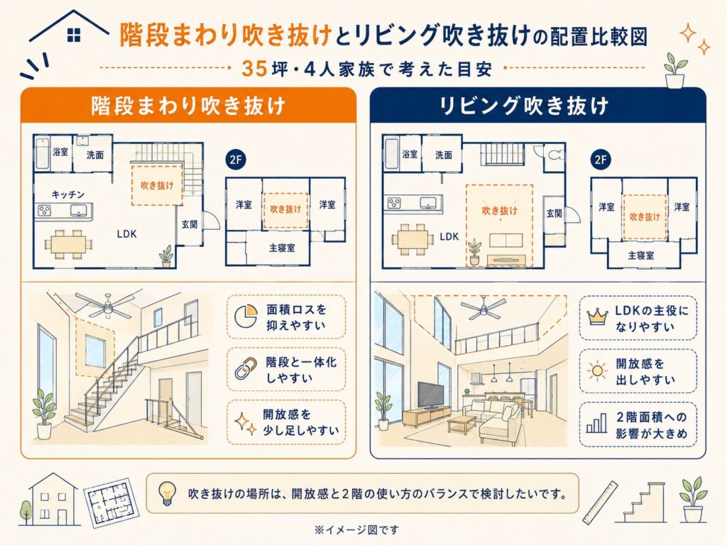 階段まわり吹き抜けとリビング吹き抜けの配置比較図