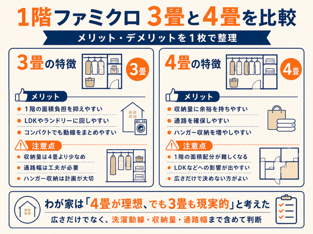 1階ファミクロ3畳と4畳のメリット・デメリットを比較した自作図