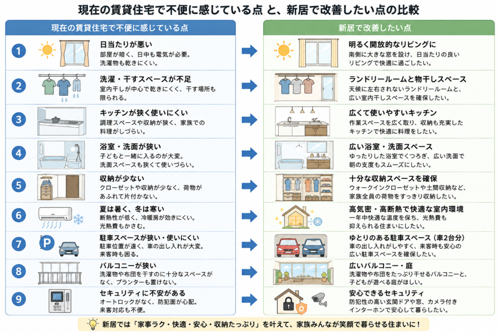 現在の賃貸住宅で不便に感じている点と、新居で改善したい点を比較した図
