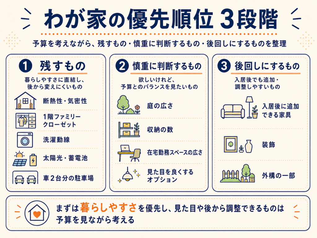 残すもの・慎重に判断するもの・後回しにするものを3段階でまとめた図