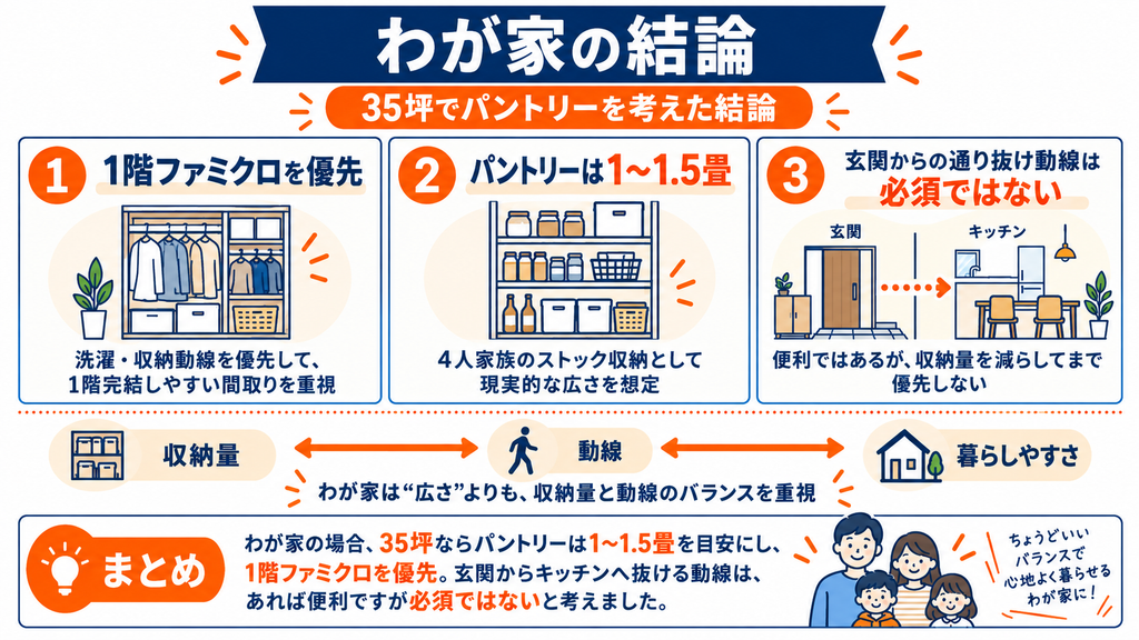 わが家の結論(1〜1.5畳・通り抜け動線は必須ではない)をまとめた結論図