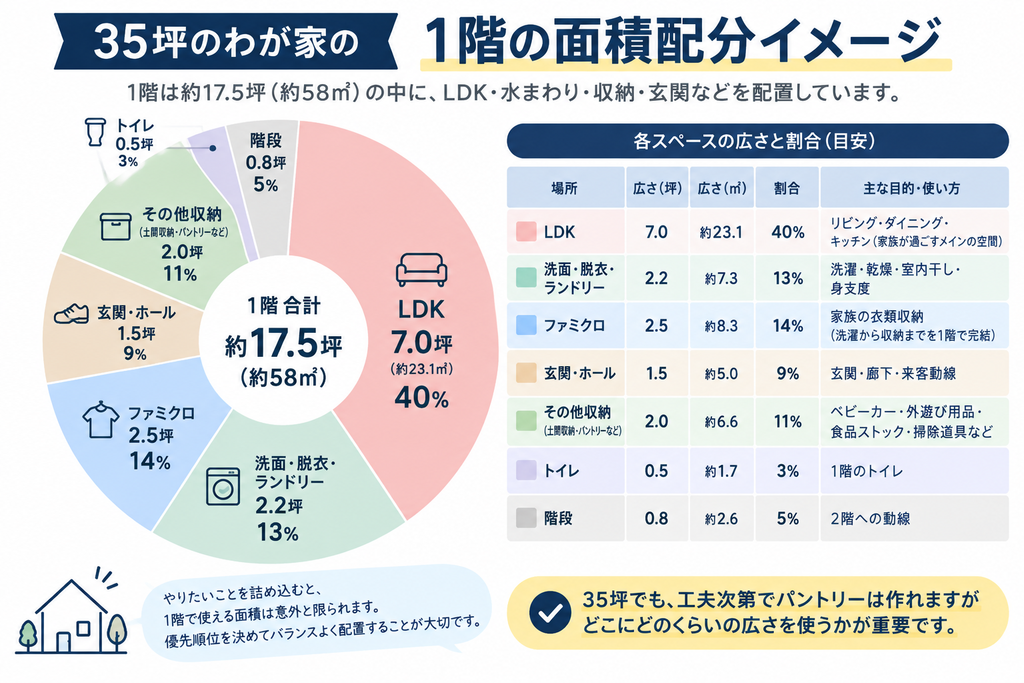 1階の面積配分イメージ(LDK・ファミクロ・洗面脱衣・収納)