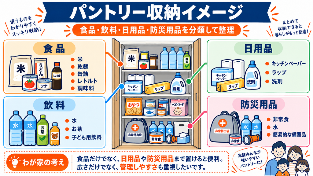 パントリー収納イメージ(食品・飲料・日用品・防災用品の分類図)