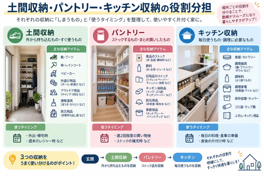土間収納・パントリー・キッチン収納の役割分担イメージ図