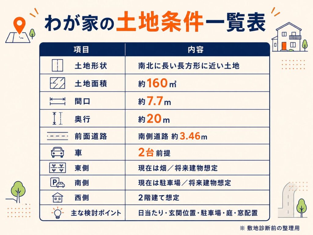 わが家の土地条件一覧表
