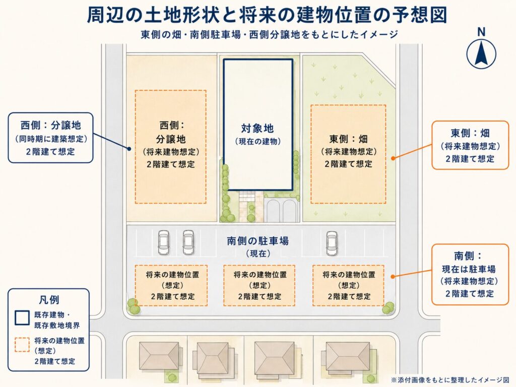 周辺の土地形状と将来の建物位置の予想図
