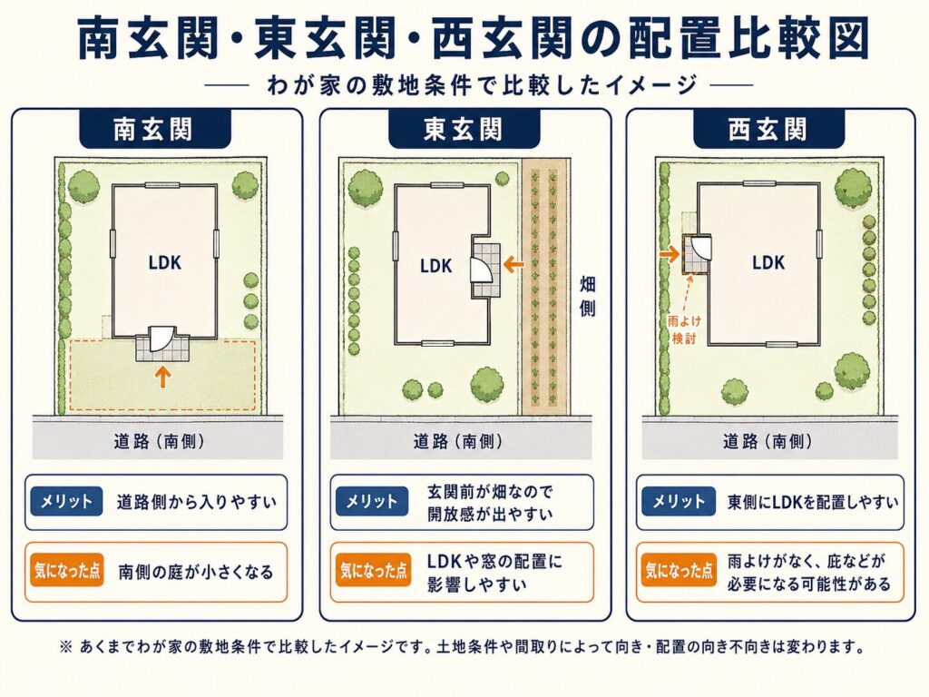 南玄関・東玄関・西玄関の配置比較図