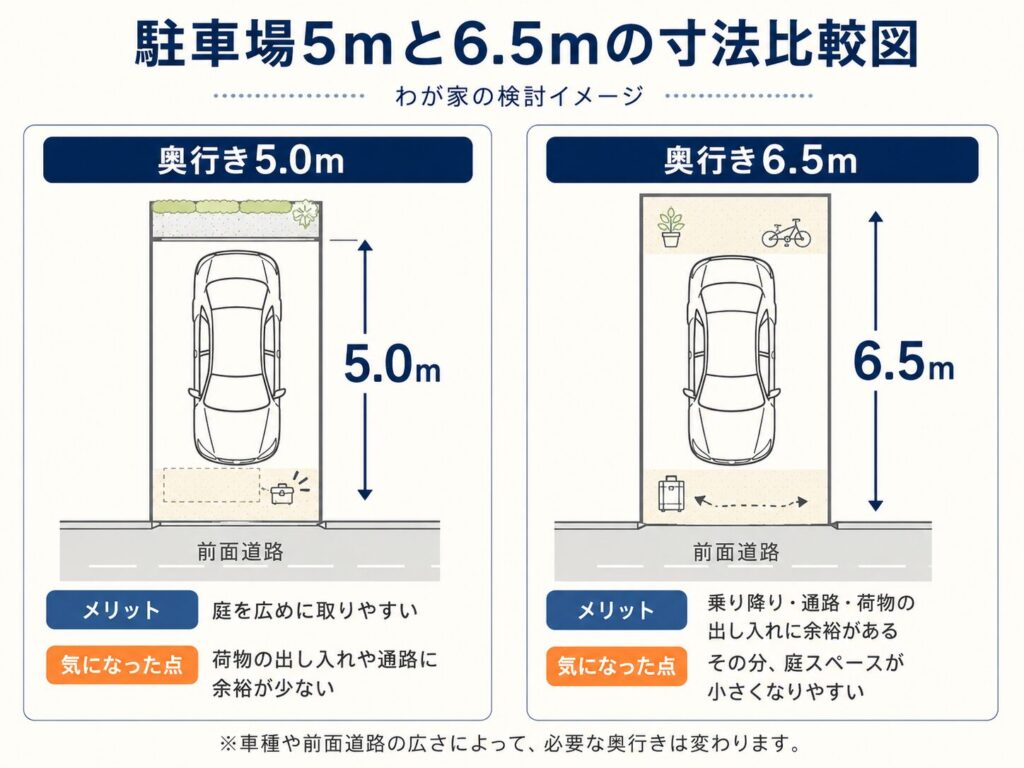 駐車場5mと6.5mの寸法比較図