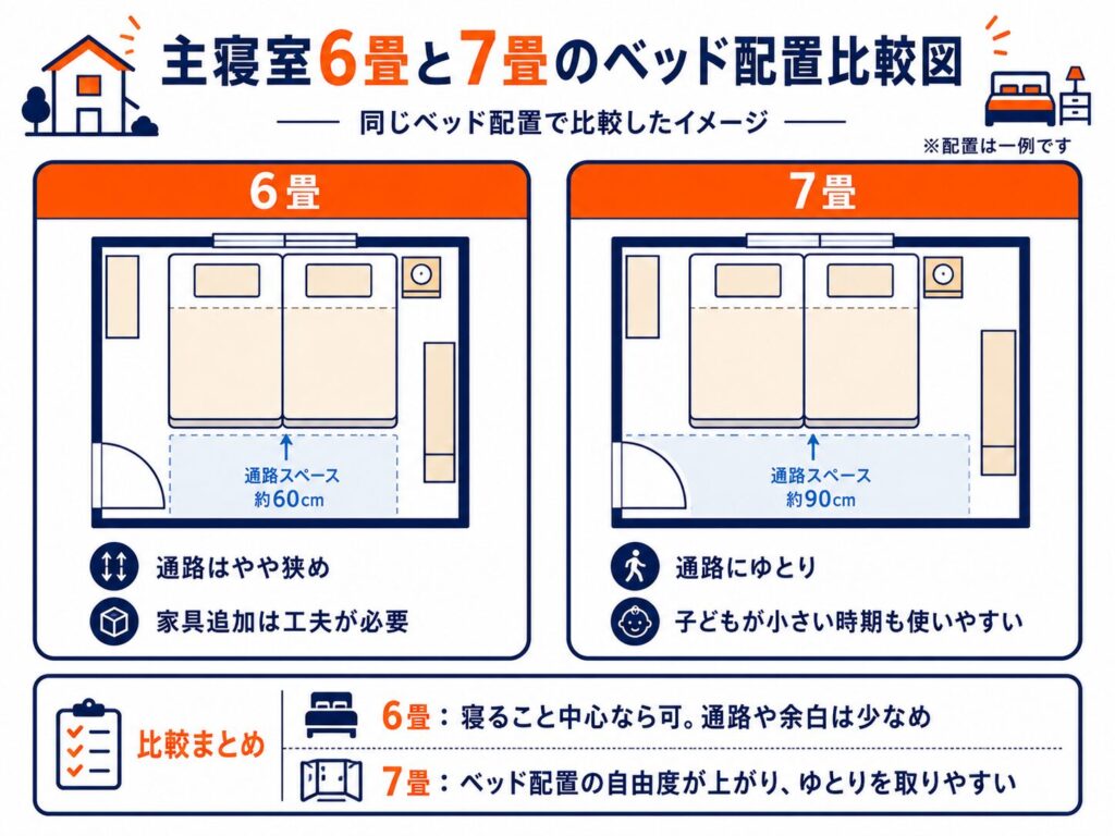 主寝室6畳と7畳のベッド配置比較図