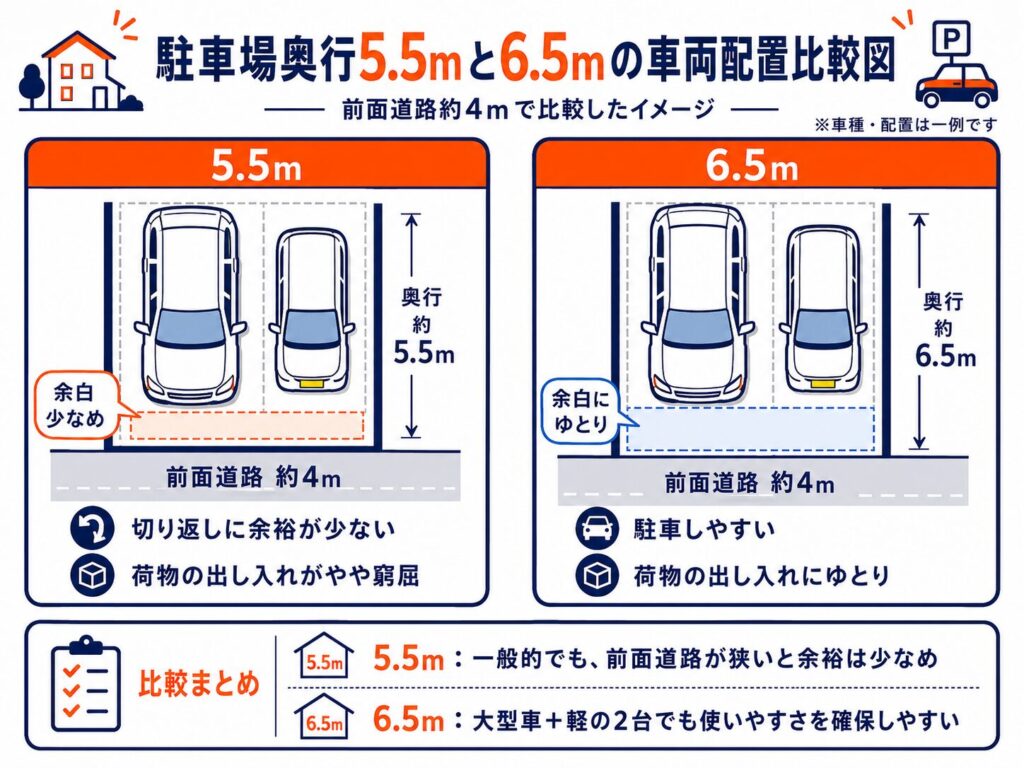 駐車場奥行5.5mと6.5mの車両配置比較図