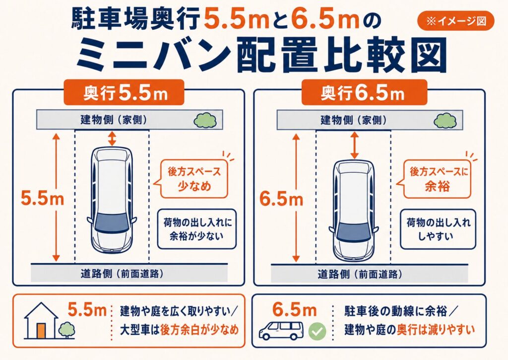 駐車場奥行5.5mと6.5mのミニバン配置比較図