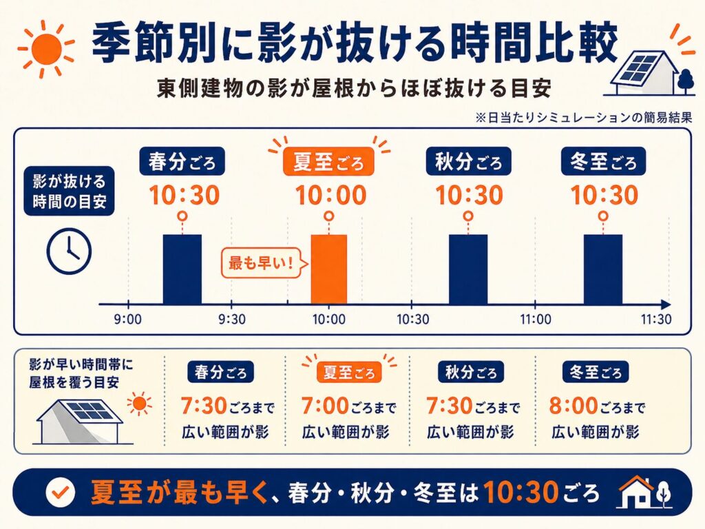 季節別に影が抜ける時間比較