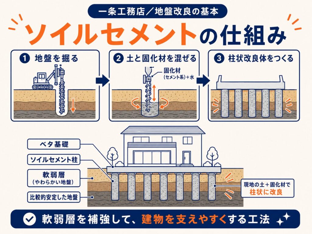 ソイルセメントの仕組みを説明する自作イラスト