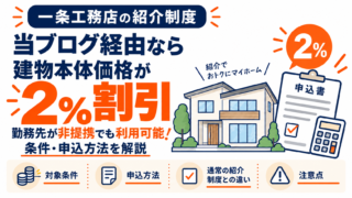 【一条工務店の紹介制度】当ブログ経由なら建物本体価格2%割引!勤務先が非提携でも利用可能